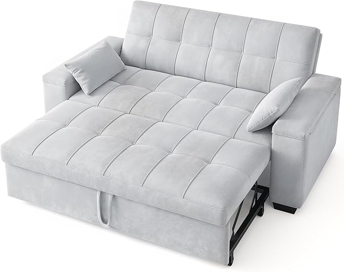 Gizoon Convertible Sofa Bed Futon Queen Size Sleeper Loveseat with Pull Out Couch 3 in 1 Velvet Fabric Futon Couch with Side Pockets Storage Armrest &amp Adjustable Backrest for Living RoomLight
