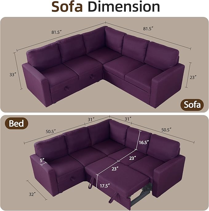 Sleeper Sofa Couch with Pull Out Bed L Shaped Couch Bed with Storage Sectional Sleep Couches Convertible Sleeper Sofa Beds W/Reversible Chaise&ampBack Cushion for Living Room Purple