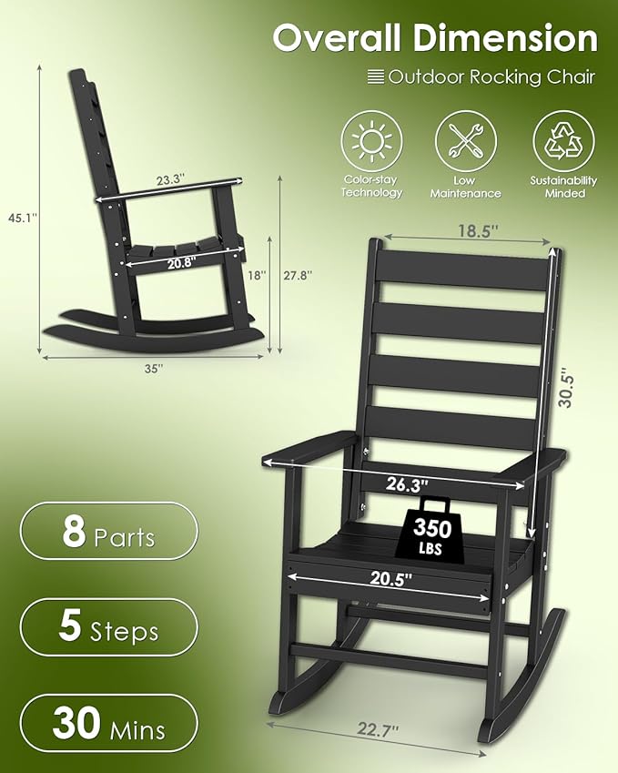 GREENVINES Outdoor-Rocking-Chair | HDPE Plastic | Patio Rockers | Porch Rocker Chairs | Shaker | Oversized | High Ladder Back | Big &amp Tall | PentaLuxe | Black