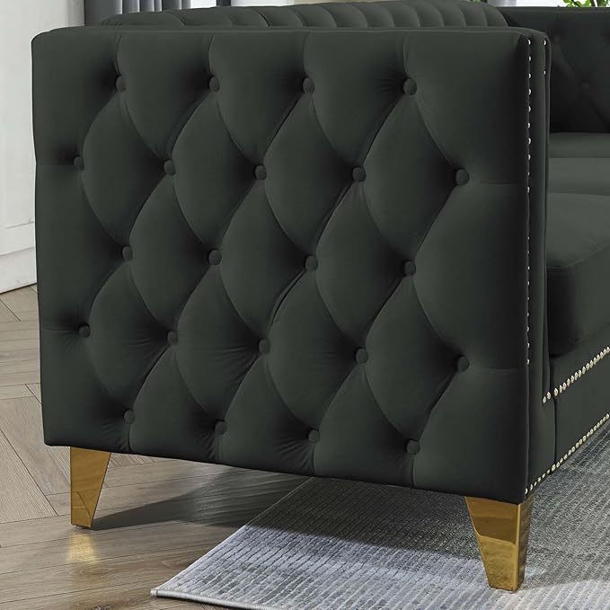 Antetek L Shaped Couches for Living Room Modern Button Tufted Velvet Sofa Couch with Square Armrests Inlaid with Gold Nail Heads Upholstered Corner Sofas for Living Room Office Apartment Black