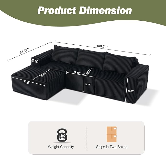 101 Boneless Cloud Modular Sectional Sofa L-Shaped Memory Foam Couch with Reversible Chaise Corduroy Upholstered Sofa in a Box No Assembly Required for Living Room &amp Apartment (Black 101in)