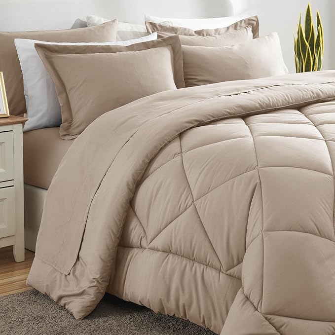 CozyLux Queen Comforter Set Wheat - Bed in a Bag Queen Size 7 Pieces Luxury Soft Bed Set for All Seasons Bedding Set with Down Alternative Comforter Sheets Pillowcases &amp Shams