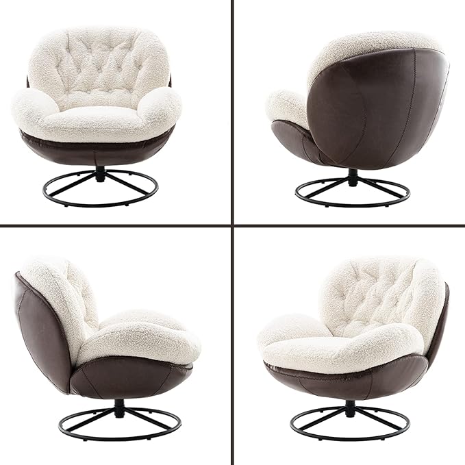 Modern Accent Chair with Ottoman Fluffy Faux Fur Upholstered Swivel Lounge Chair with footrest Comfy Tufted Armchair with Metal Heavy Duty Base for Living Room Bedroom Reading Chair White