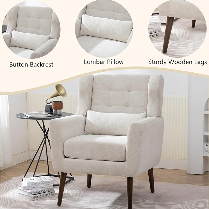 Accent Arm ChairsUpholstered Armchair for Living Room with PillowChenille Single Sofa Chairs with ArmsModern Comfy Reading Chair for BedroomSmall Spaces (Beige Set of 1)