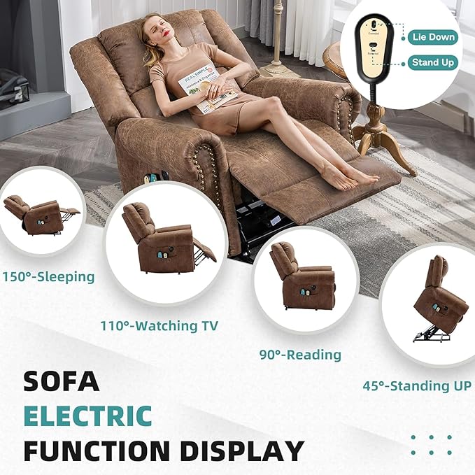 MEETWARM Large Power Lift Electric Recliner Chair with Massage and Heat Overstuffed Wide Recliner for Elderly Heavy Duty Recliner for Living Room with 2 Remote Controls/Side Pockets/USB Ports(Brown)