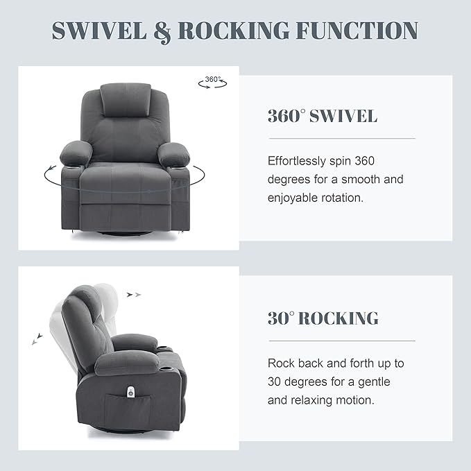 Oversized Swivel Rocker Recliner Chair with Heat and Massage Big Large Recliner Chair for Living Room 360 Degree Swivel Rocking Single Sofa with Cup Holders and USB Port (Fabric Darkgrey)