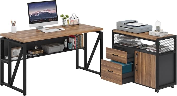 Tribesigns 55-inch L Shaped Desk with Drawer Cabinet Executive Computer Desk and lateral File Cabinet 2 Piece Home Office Furniture with Drawers for Hanging File Doors with Locks (Brown 55 inches)