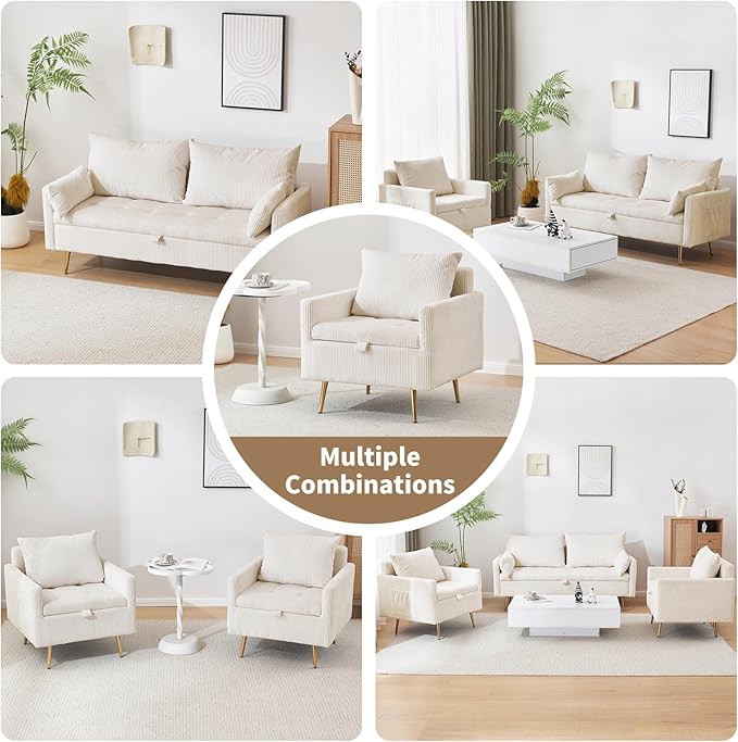 Furnimart Beige Mid-Century Modern Corduroy Storage Accent Chair with Arm 1-Seater Built-in Storage Reading Chair for Bedroom Living Room Apartment
