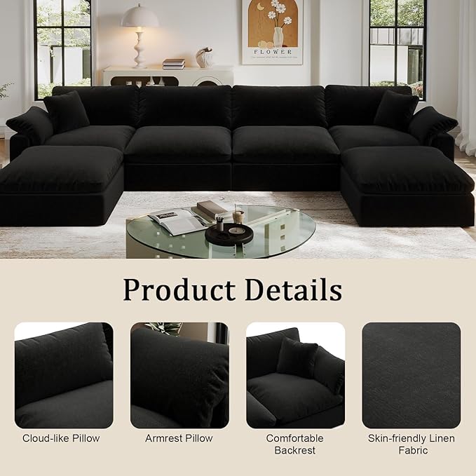 Modular Sectional Sofa Cloud Couch78.6 Down Filled Comfy Cloud Modern Sofa2 Seater with Black Linen Couch Cushion Covers Removable Furniture for Living Room