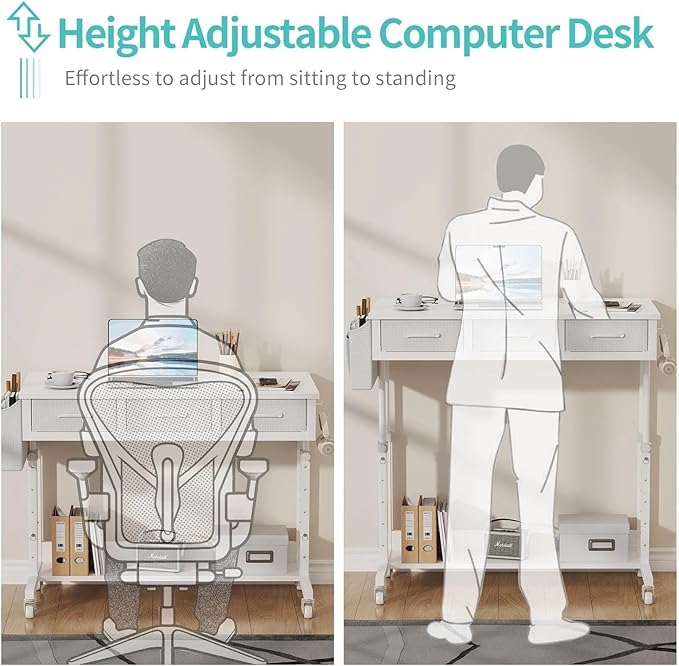 White Portable Rolling Computer Desk - 40 Inch Adjustable Mobile Standing Teacher Desks with 3 Fabric Drawers on Wheels Couch Sofa Side Laptop Stand Up Table with Storage for Home Office White