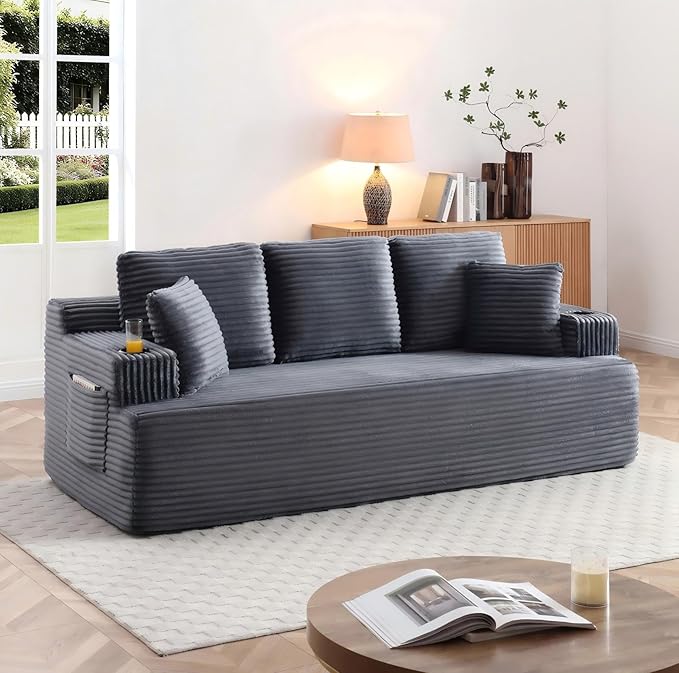 86 Small Cloud Loveseat Sofa in a Box Comfy Corduroy 2-Seater Boneless Couch Modern Deep Seat Sofa for Small Spaces Living Room &amp Apartment No Assembly Required (Grey 86 inch) | Memory Foam