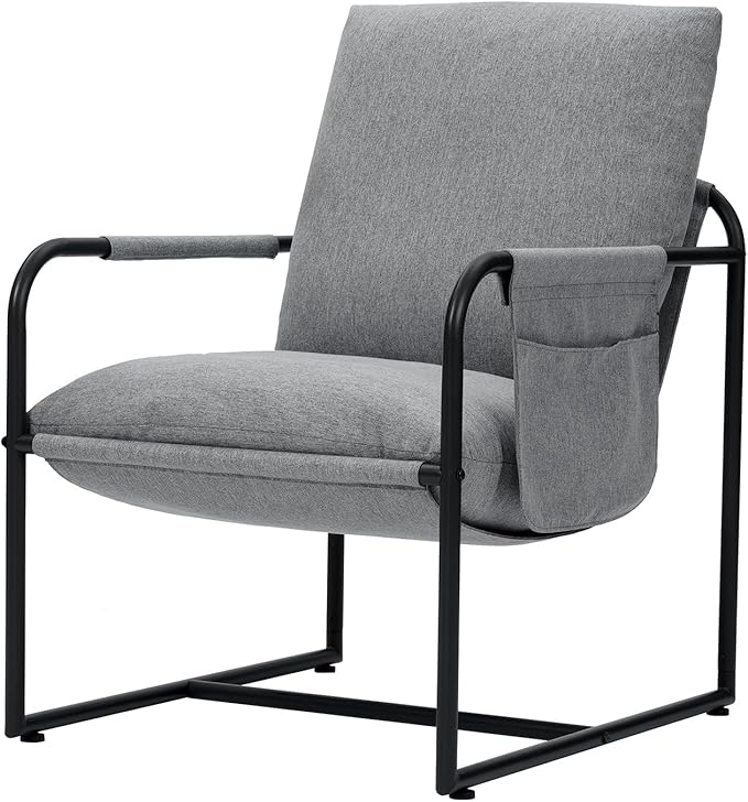 VANSPACE Modern Sling Accent Chair Comfy Living Room Chair with Side Storage Pocket Upholstered Armchair with Soft Cushion Bedroom Chair Metal Frame &amp Linen Fabric Cover