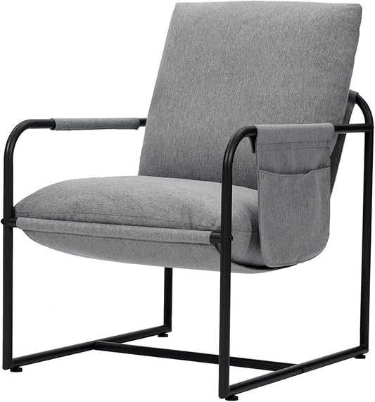 VANSPACE Modern Sling Accent Chair Comfy Living Room Chair with Side Storage Pocket Upholstered Armchair with Soft Cushion Bedroom Chair Metal Frame &amp Linen Fabric Cover