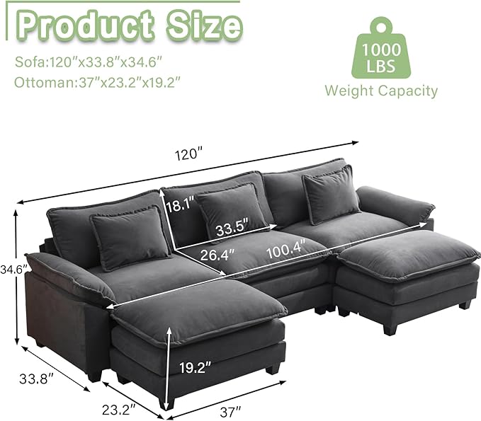 Sectional Sofa Comfy Cloud Couch for Living Room with Pillows Modern Velvet Sofa Sleeper Deep Couches with Two Ottoman (Grey 5-Seat)