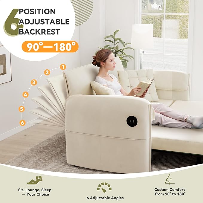 3-in-1 Sleeper Sofa Bed(87 Length)62.9 W Couch with Pull Out Bed with 6-Position Adjustable BackrestHidden Storage &amp USB for Living RoomBeige