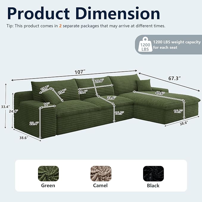 107”Cloud Sectional Couch Boneless Sofa for Living Room Modular Sectional Sofa with Deep Seat Fluffy Comfy Couch with L-Shaped Chaise No Assembly Required Comfy Upholstered Corduroy Couches Right