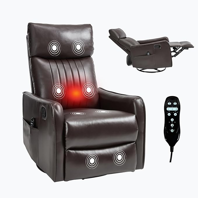 Brown 360° Swivel Rocker Recliner Chair Massage Reclining Chair with 8-Point Vibration &amp Lumbar Heat for Adults Elderly 155° Recline Easy Assembly for Living Room