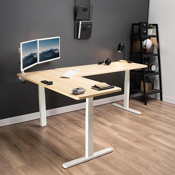 VIVO Electric Height Adjustable 83 x 60 inch Corner Stand Up Desk 2 Light Wood Solid Table Tops White Frame Memory Controller L-Shaped Workstation 3E Series DESK-KIT-3E8C