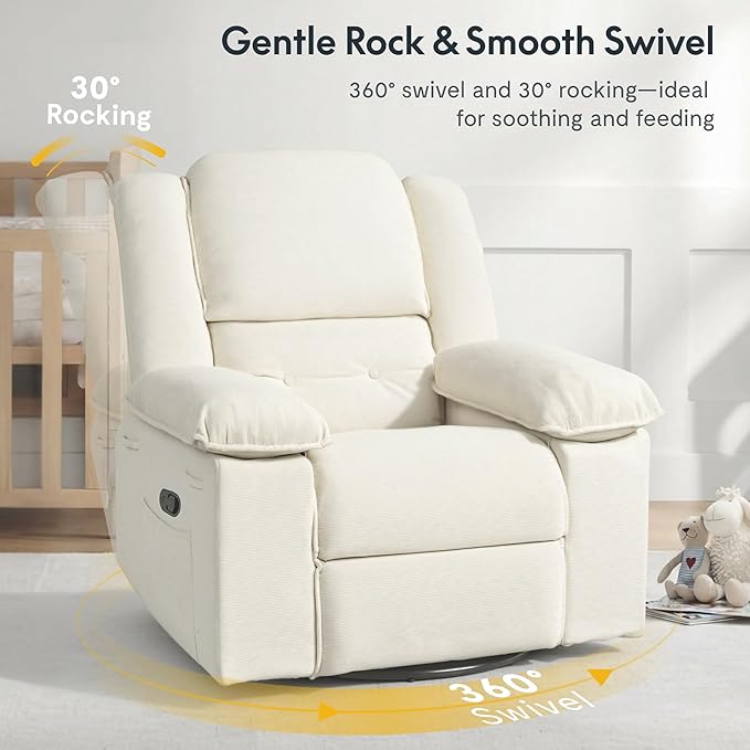 Softa Swivel Rocker Recliner for Adults Manual Reclining Chair with Massage &amp Heat Side Pocket Compact Nursery Glider Recliner for Living Room Bedroom or Apartment Beige