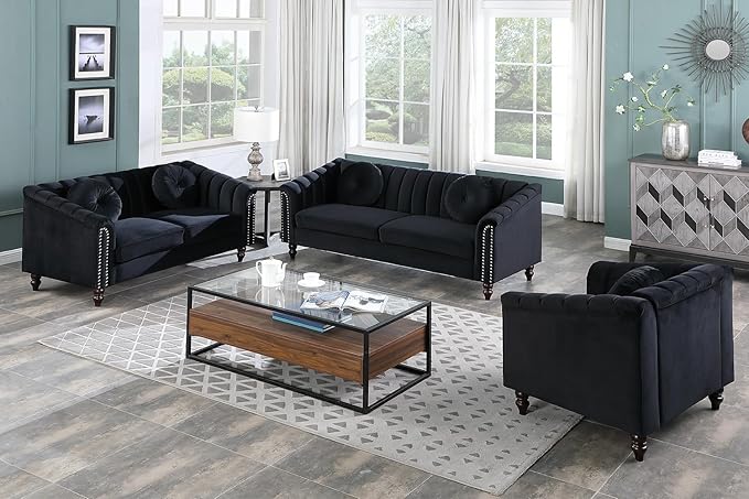 Chesterfield Sofa Set Luxurious Velvet Chesterfield Settee Couch Set with Sofa Loveseat ChairUpholstered Rolled Arm with Rivets/5 Button Tufted Pillow Modern Sofa Living Room SetBlack