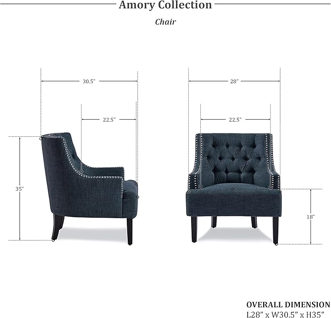 Lexicon Accent Chair Reading Chair Comfy Chair for Bedroom Upholstered Armchair with Solid Wood Frame Tufted Cushion Nail Head Trim Single Sofa Chair for Living Room Office Indigo Chenille