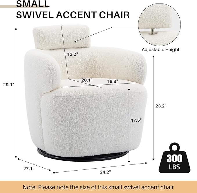 Small Swivel Accent Chair 360°Barrel Boucle Round Modern Armchair Tufted Upholstered Single Sofa Chair with Adjustable Headrest Living Room for Bedroom Office Teddy Sherpa Ivory