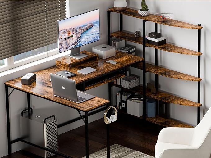 SUNLEI Home Office Desk 63 inch Writing &amp Gaming Workstation with 5 Tire Simple Assembly Steel Frame Rustic Brown