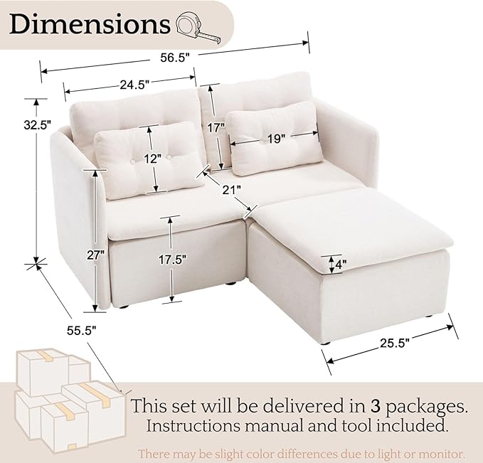 LukeAlon Chenille 56.5 Loveseat Sofa with Waist Pillow Modular Sectional Sofa Couch with Ottoman Comfy Upholstered 2 Seater Lounge Sleeper Couch Sofa for Living Room Apartment Office Beige