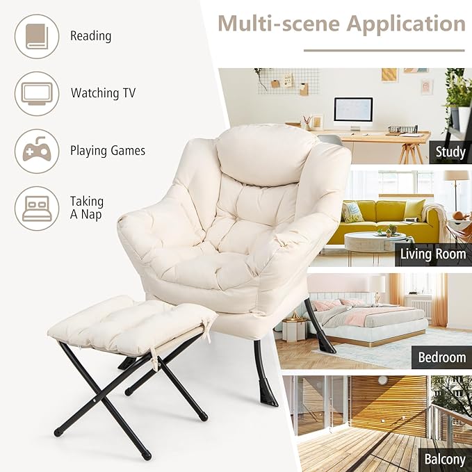 Giantex Lazy Chair with Ottoman Accent Sofa Chair with Folding Footrest Side Storage Pocket Upholstered Leisure Lounge Armchair with Stool for Bedroom Living Room Office Beige