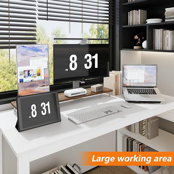 WOODTIME White L Shaped Office Desk with 3 Drawers &amp 2 Shelves 55 Inch Reversible Corner Computer Desk Home Office Executive Writing Sturdy Desk with Metal Legs