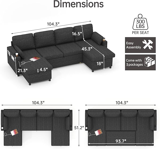 DURASPACE Sofa Bed Pull Out Couch Sleeper with Double Storage Chaise U Shaped Convertible Sectional Sleeper Sofa for Living Room with USB Charging Ports Cup Holder (Dark Gray)