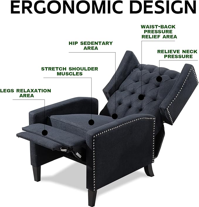 Black Mid Century Modern Recliner Wingback Accent Chair with Push Back Mechanism Button Tufted Fabric Sofa &amp Nailhead Trim - Comfy Living Room Seating for Home Theater Office