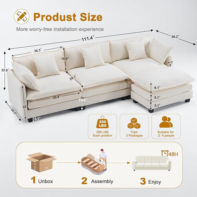 111.4 Modular Sectional Sofa｜Comfy Cloud Couch with Movable Ottoman Deep Seat｜Chenille L Shaped Modular Sofa Sectional Couches for Living Room Bedroom and Apartment｜Beige