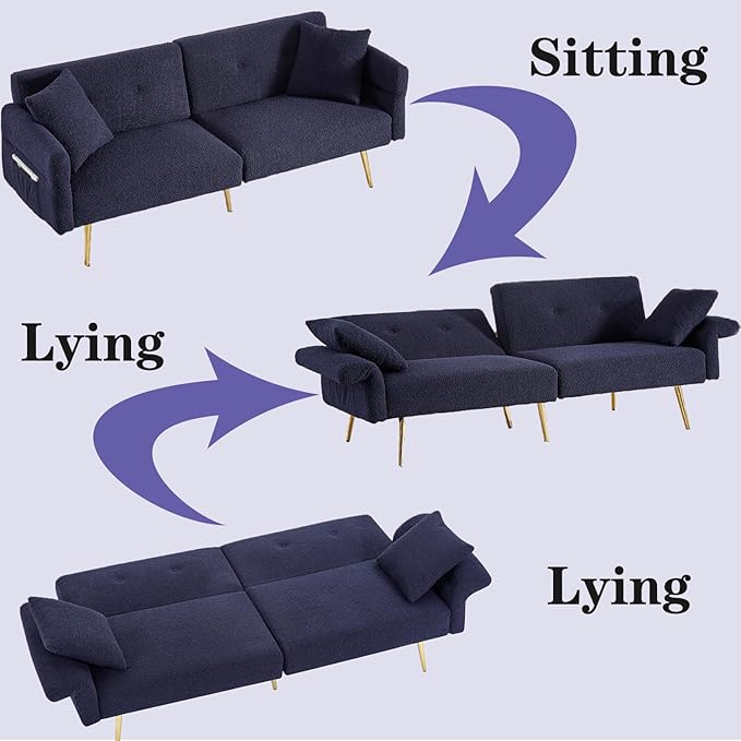 69.5 Convertible Futon Sofa Bed with Adjustable Backrest and Armrests Teddy Upholstered Loveseat Sleeper Couch with 2 Pillows and Metal Legs Love Seat for Guest Room Living Room (Dark Blue)