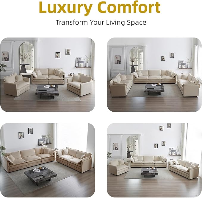 111.5 Modular Sectional Sofa U Shaped Deep Seat Cloud Couch with OttomanConvertible 3-Seater Comfy Chenille Upholstered Sofa Set for Living Room Apartment Studio – Light Coffee