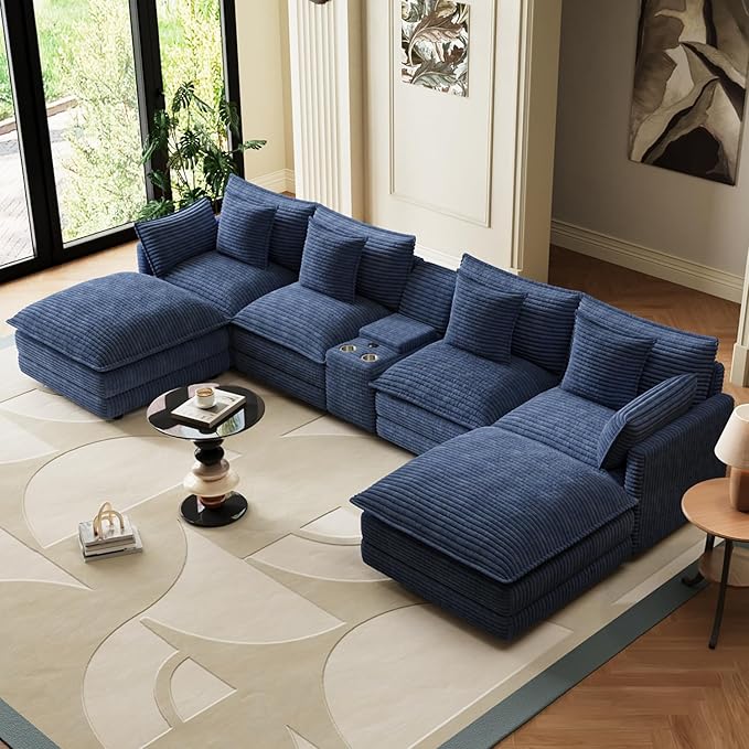 143 Oversized Modular Sectional Sofa U Shaped Cloud Couch 6 Seat Sofa Set for Living Room Comfy Corduroy Deep Seat with Storage Central Console Movable Ottomans USB Ports Cup Holders Blue