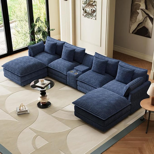 143 Oversized Modular Sectional Sofa U Shaped Cloud Couch 6 Seat Sofa Set for Living Room Comfy Corduroy Deep Seat with Storage Central Console Movable Ottomans USB Ports Cup Holders Blue