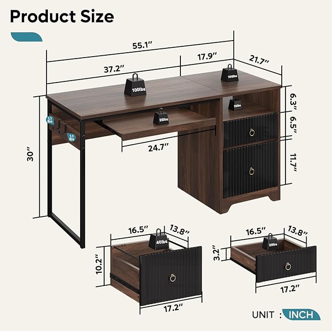 Bestier 55 Inch Computer Desk with Keyboard Tray Modern Office Desk with Storage Wood Writing Desk with File Drawer Fluted Panel &amp 2 Hooks for Home Office &amp Studio Cherry