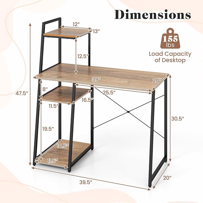 Tangkula Computer Desk with Shelves Space Saving Home Office Desk with 3-Tier Ladder Shaped Storage Bookshelf Modern Writing Study Desk with Metal Frame Compact Computer Workstation (Natural)