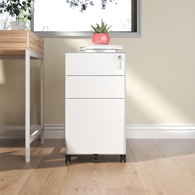 3-Drawer Mobile File Cabinet with Lock Small Storage Organizer for Home Office Under Desk Locking Drawers Fully Assembled Steel Cabinet on Wheels Anti-Tip DesignWhite-Metal