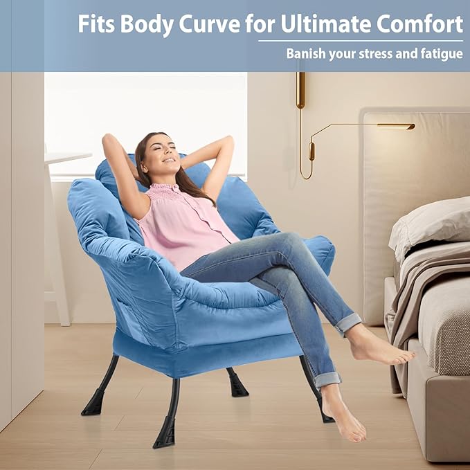 Lazy Chair Thick Padded Comfy Velvet Accent Lounge Chair with Stable Frame Leisure Sofa Armchair with Armrests and Side Pocket Reading Chair for Bedroom Living Room Office Light Blue
