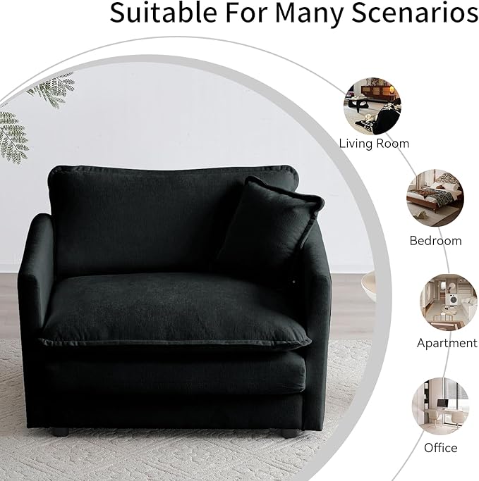 Chenille Oversized Accent Chair 41.4 Comfy Modular Single Sofa Cloud Couch Chair Upholstered Deep Seat Armchair with Pillow for Living Room Bedroom Family Room Reading Nook Black