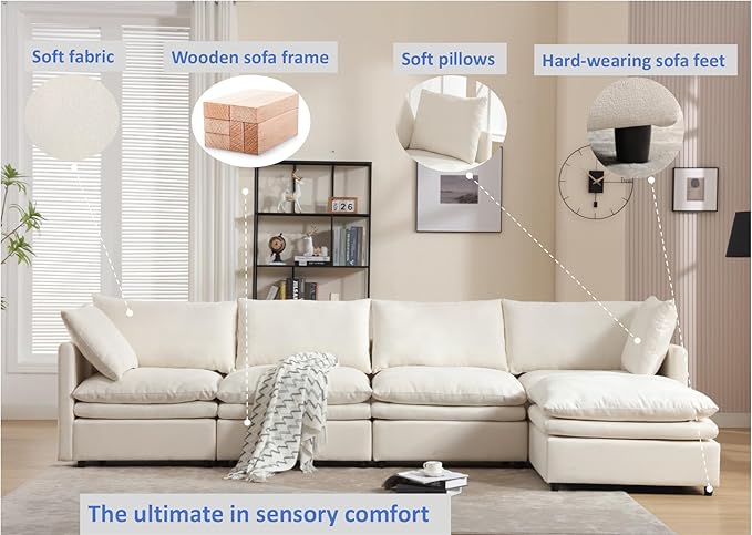 kevinplus 129.92'' Modular Sectional Sofa Couch with Convertible Ottoman for Living Room Modern Contemporary 4-Seat L-Shape U-Shape Upholstered Sofa Couch Free Combination Polyester Fabric Beige
