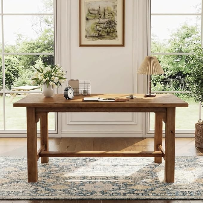 63‑Inch Executive Desk Solid Wood Computer Workstation for Home Office Large Office Desk with Foot Bar Farmhouse Writing Table in Brown
