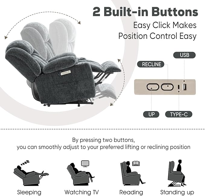 ABCASA Large Power Lift Chairs Recliners for Elderly with Heat ＆ Massage Upgraded Chenille Recliners USB-A ＆ C Cup Holder Side Pocket Grey Blue