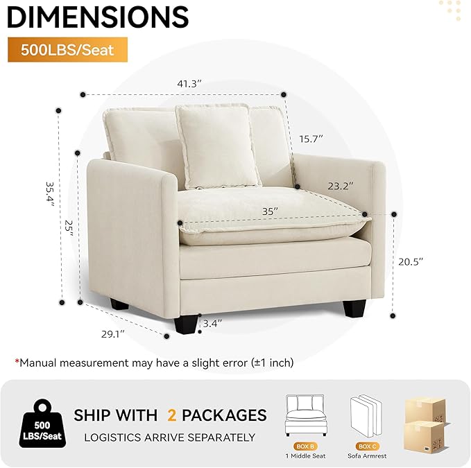 41'' Modern Chenille Oversized Chair Upholstered Accent Living Room Chair with Extra Thicked Deep Seat Single Lounge Chair for Bedroom Small Apartment Beige