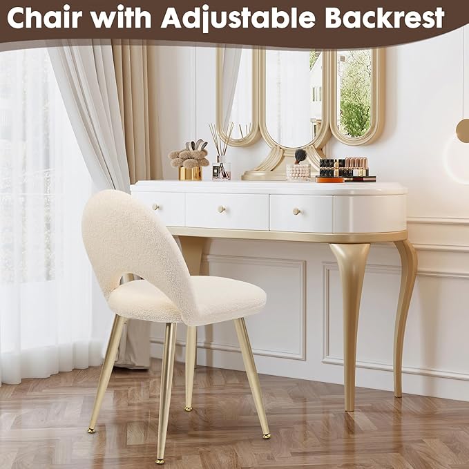Vanity Chair with Adjustable Backrest Boucle Upholstery Armless Makeup Stool Cream White Sherpa Vanity Stool with Gold Metal Legs for Bedroom Living Room Kitchen Dinning Room(White)