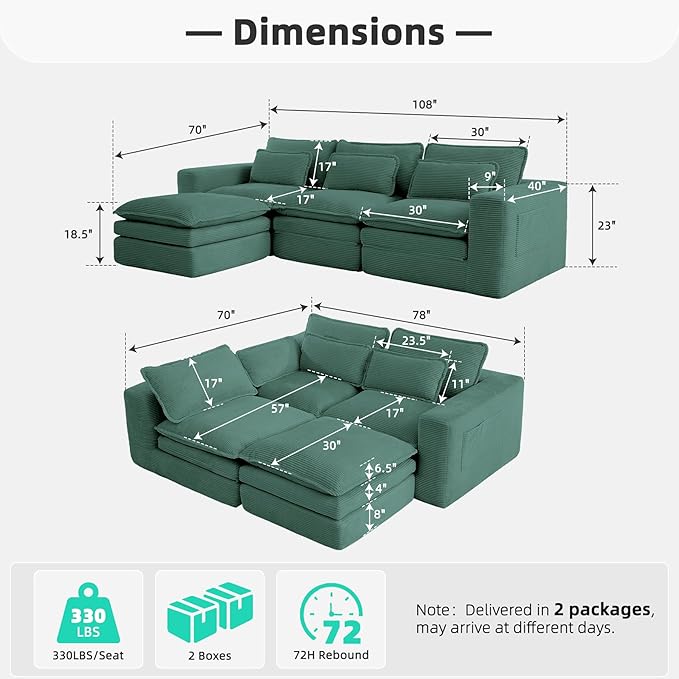 109 Sectional Couches Boneless Modular Sofa for Living Room with Ottoman | No Assembly Required Sofa Bed L shaped Couch | Corduroy Deep Seat Couch with Double Layer Cushion &amp Removable Cover | Gr