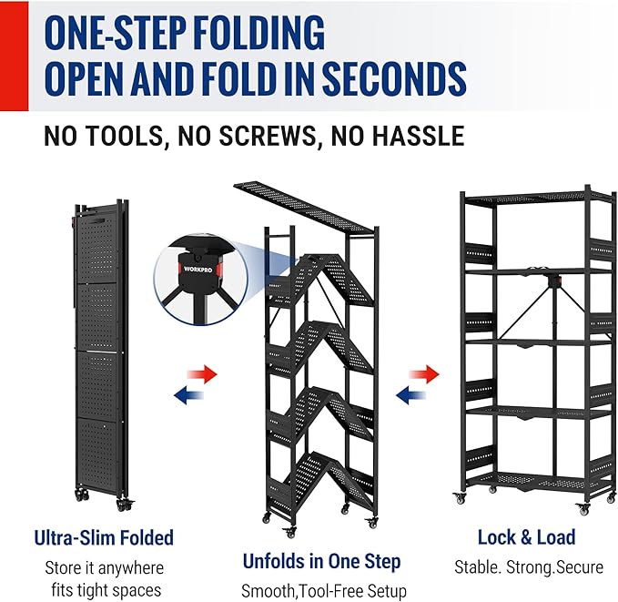 WORKPRO 5-Tier Folding Shelf No-Assembly Metal Storage Rack with Wheels 750 lbs Capacity (with Leveling Feet) Collapsible Shelving Unit for Kitchen Pantry Bathroom &amp Closet Organization