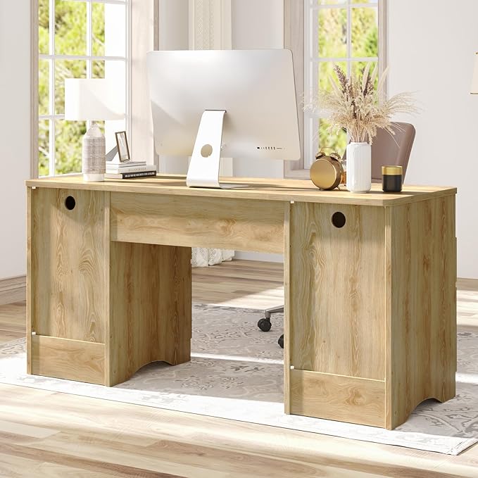 Bestier Computer Desk with Keyboard Tray 59 inch Office Desk with 4 Drawers Modern Home Office Desk with File Drawer (Natual Oak 59 W with Double-Sided Drawers)